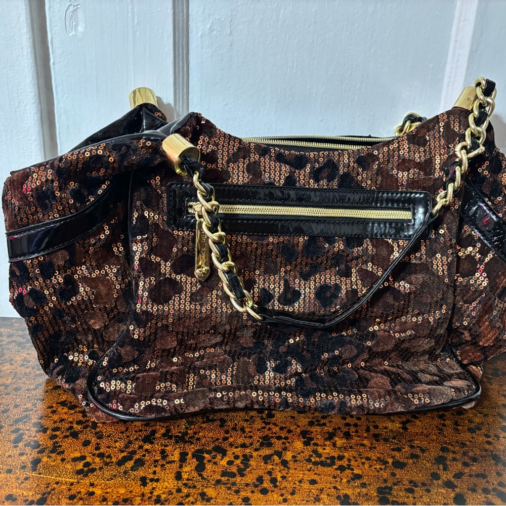 Betsey Johnson Brown Sequin Shoulder Bag with Gold Chain Handles